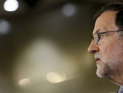 Mariano Rajoy esta jueves en el Palacio de la Moncloa, tras la reuni&oacute;n que ha mantenido con el Rey 