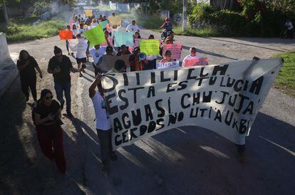 Habitantes de Sitilpech (Estado de Yucatán) se manifiestan contra la Granja Porcícola Kancabchén II, el 14 de enero de 2023.