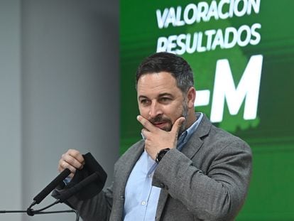 El líder de Vox, Santiago Abascal, en la rueda de prensa de valoración de los resultados de las elecciones madrileñas.