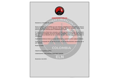 The statement through which the ELN takes responsibility for the kidnapping of Luis Manuel Díaz, this November 3.