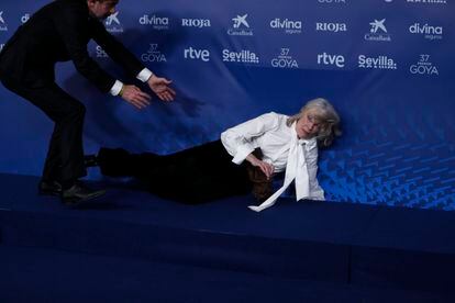 Susi Sánchez, ganadora del Goya a mejor actriz de reparto por 'Cinco lobitos' y vicepresidenta de la Academia de Cine, ha sufrido una aparatosa caída al entrar a la alfombra azul de los ganadores en la gala de los Goya. Después de caerse se ha levantado con ayuda y ha sido aplaudida por la prensa presente en la sala. 
