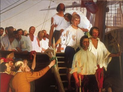 Pintura que ilustra a navegantes enfermos de escorbuto, en una imagen cedida por el historiador Vicente Ruiz.