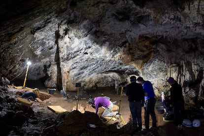 Un grupo de investigadores trabaja en el interior de la cueva de Ardales en septiembre de 2016.