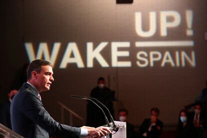 El presidente del Gobierno, Pedro Sánchez, durante su discurso en 'Wake up Spain!', este lunes.