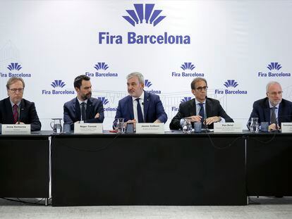 El alcalde de Barcelona, Jaume Collboni, preside la presentación de resultados de Fira de Barcelona junto con los responsables de la institución.
