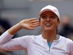 Paris (France), 08/10/2020.- Iga Swiatek of Poland reacts after winning against Nadia Podoroska of Argentina in their womenís semi final match during the French Open tennis tournament at Roland ?Garros in Paris, France, 08 October 2020. (Tenis, Abierto, Francia, Polonia) EFE/EPA/IAN LANGSDON