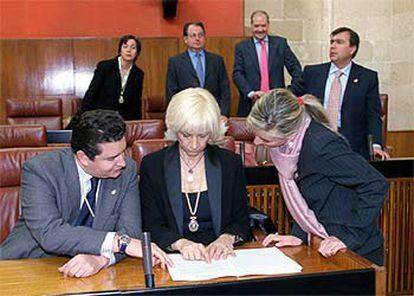 Sanz y Martínez, ayer, durante la sesión extraordinaria del Parlamento andaluz.