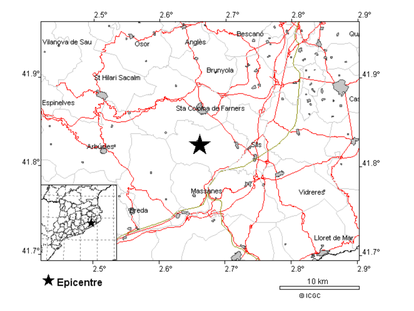 El epicentro del terremoto, cerca de Santa Coloma de Farners (Girona).