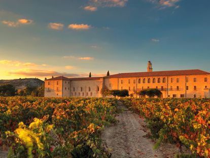 Los vi&ntilde;edos de Abad&iacute;a Retuerta y el monasterio, convertido en hotel.