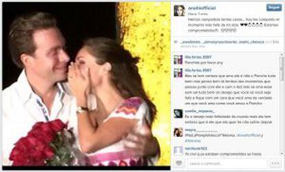 La actriz publicó una imagen en su perfil de Instagram y Twitter para hacer oficial su compromiso con Velasco.