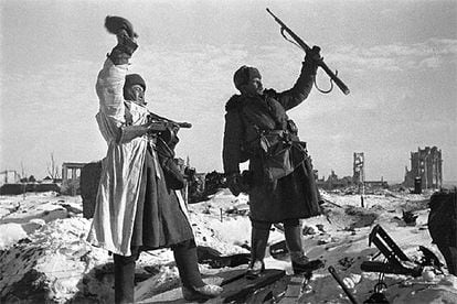 Soviet soldiers celebrate the liberation of Stalingrad on January 31, 1943.