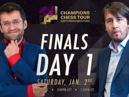 Cartel anunciador de la primera jornada de la final del Airthings Masters, con Aronián (izquierda) y Radyábov