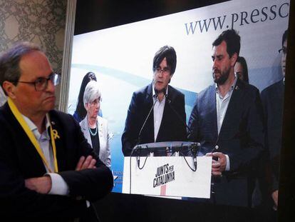 Torra sigue la comparecencia de Puigdemont sobre el resultado de las elecciones europeas.