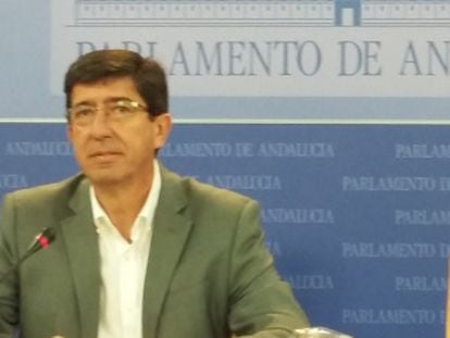 Juan Marín, portavoz de Ciudadanos en Andalucía, este miércoles en el Parlamento.