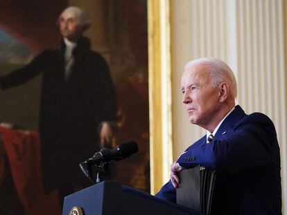 Joe Biden, durante la rueda de prensa del primer año de mandato, el jueves en la Casa Blanca.