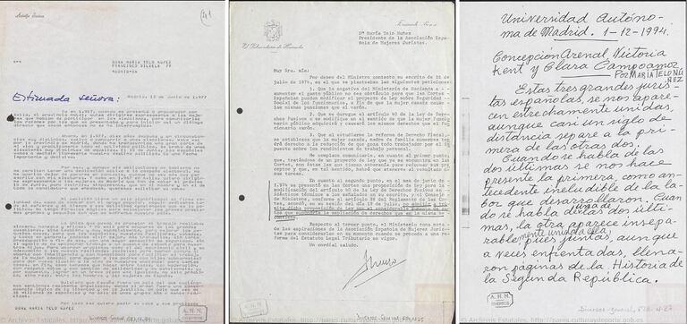 Documentos del archivo de María Telo. Una carta de Aldolfo Suárez pìdiéndole el voto, otra del subsecretario de Hacienda que da respuesta a sus preguntas y el manuscrito de una conferencia sobre Victoria Kent, Clara Campoamor y Concepción Arenal.