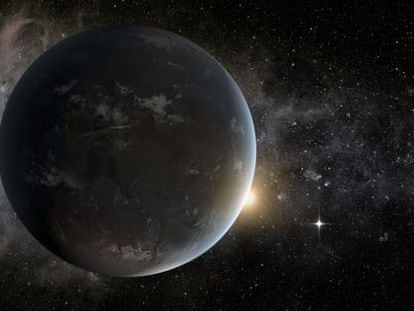 Ilustraci&oacute;n del planeta extrasolar tipo Tierra Kepler-62f.