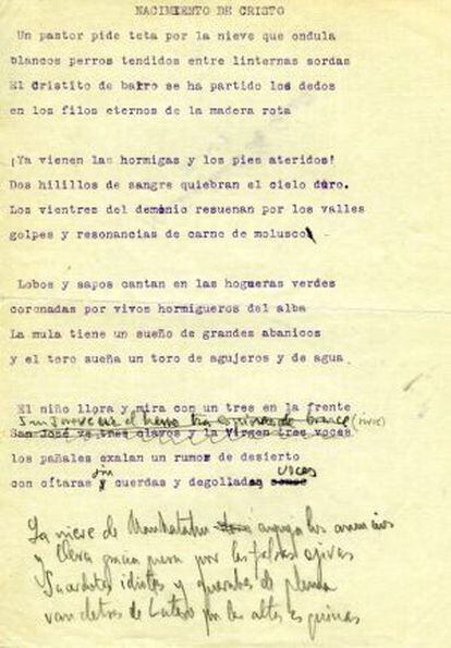 Apuntes manuscritos de Lorca sobre 'Nacimiento de Cristo'.