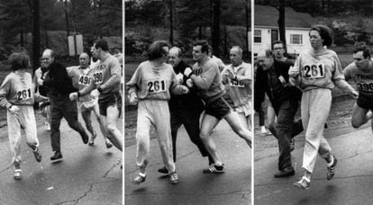 El director del marat&oacute;n intenta expulsar de la prueba a Katherine Switzer, a quien defiende su novio, durante la celebraci&oacute;n de la carrera en 1967.