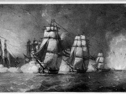 Ilustración de la explosión de la fragata Nuestra Señora de las Mercedes (1804), hundida por los ingleses.