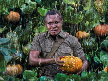 John Kariuki Mwangi, "el guardián de las semillas", con las calabazas de un campo de Lare, en Kenia.