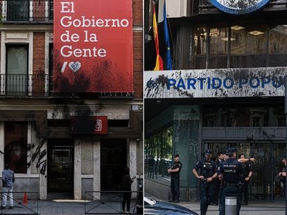 Las fachadas de las sedes nacionales de PSOE y PP, en Madrid, este lunes.