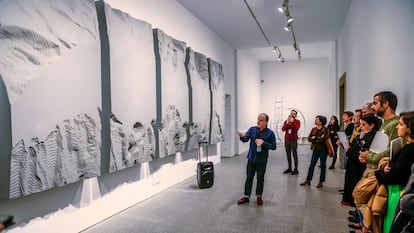 Ibon Aranberri explica su obra 'Mar del Pirineo' (2006), este martes en la inauguración de la exposición 'Vista parcial'.