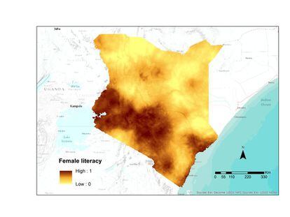 Mapa sobre alfabetización de las mujeres en Kenia basado en datos geoespaciales. Las imágenes por satélite aumentan la resolución espacial y temporal de los datos existentes.