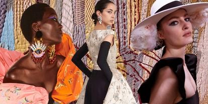 Diseños de Schiaparelli, Balenciaga y Chanel otoño-invierno 2021/2022 con el fondo del desfile de Dior.