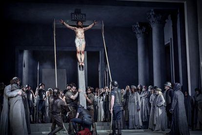 The scene of the crucifixion of Christ during one of the representations of the 'Passion Play'.