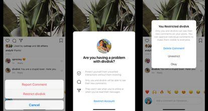 Modelos de las nuevas funciones para restringir comentarios en Instagram.