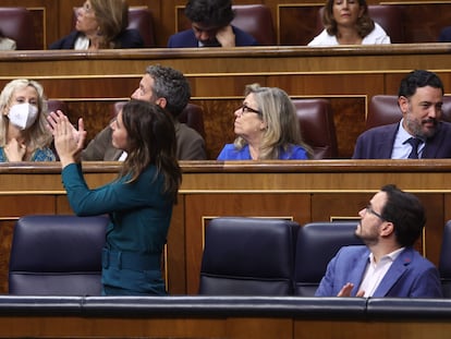 La ministra de Igualdad, Irene Montero, y el ministro de Consumo, Alberto Garzón, en el pleno de este jueves en el Congreso de los Diputados.