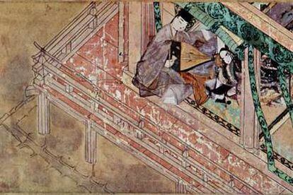Ilustración del siglo XII para el &#39;Genji monogatari&#39;, en la que el príncipe Niou-no-miya consuela a su esposa, la princesa Uji.