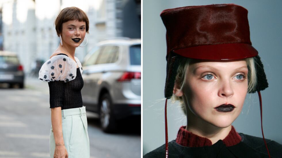 Dos ejemplos de cómo combinar los labios oscuros vistos en el 'streetstyle' de Dinamarca y sobre la pasarela. Raimonda Kulikauskiene/ GETTY IMAGES.