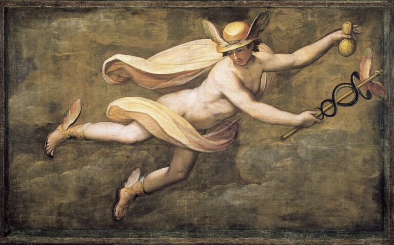 El dios Mercurio, semidesnudo y cubierto por una tela amarilla, con sandalias aladas y serpientes entrelazadas en la mano (Galería de los Uffizi, Florencia, Italia).