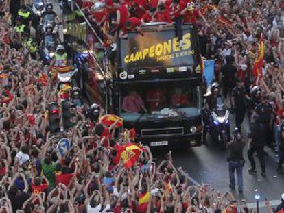 La selección española de fútbol es recibida en Madrid tras la victoria en el Mundial de Fútbol de Sudáfrica 2010.