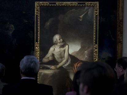 Presentación, este miércoles en el Museo de Bellas Artes de Sevilla, del óleo 'San Jerónimo oyendo la trompeta del juicio final', de Sebastián Martínez.