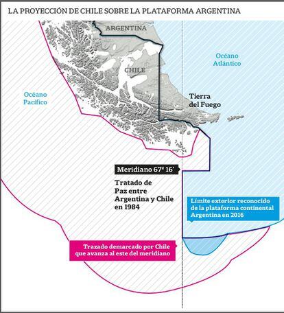 Mapa elaborado por la Cancillería de Argentina que muestra en azul la porción de plataforma marítima disputada con Chile.