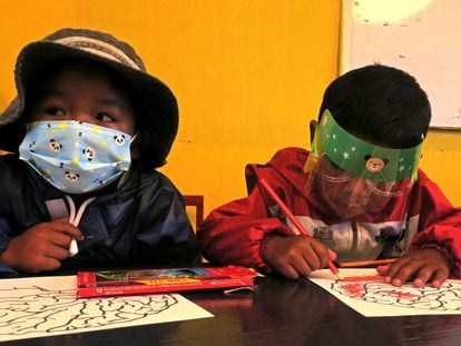 Dos niños asisten a clase, el 10 de marzo de 2021, en San Pablo de Tiquina, una pequeña población en las orillas del lago Titicaca (Bolivia). La educación durante la pandemia se ha convertido en un desafío en Bolivia por las carencias y contrastes del modelo a distancia.