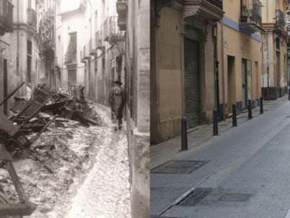 La calle Poeta Liern tras la riada del 57, en una de las comparativas de 'La Valencia desaparecida'.