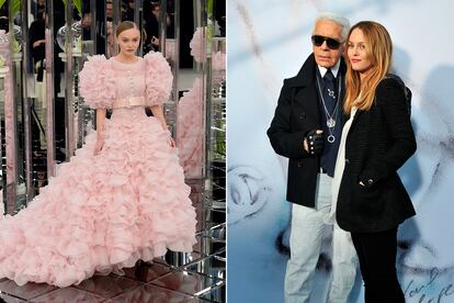 Lily-Rose Depp es la hija mayor de Johnny Depp y Vanessa Paradis. Aunque su madre no fue una top de los noventa, sí fue un icono de la moda de la época, como musa, amiga y colaboradora de Karl Lagerfeld en Chanel. De hecho, el Káiser fue quien apadrinó el debut por la puerta grande en el universo fashionista de la joven Lily-Rose Depp: ella tenía 17 años cuando cerró el desfile Métiers d'Art de la maison francesa en el Hotel Ritz de París. Su madre tenía 18 años cuando se convirtió en el pájaro enjaulado en el spot de la nueva fragancia de Chanel, Coco, y desde aquel momento su relación con la firma se convirtió en una sólida alianza que continúa hoy en día, cumplidos los 50 años. Lily-Rose Depp fue en 2016 imagen de Chanel Nº 5 y no se pierde los eventos de la firma, aunque ahora está centrada en la promoción de su carrera como actriz. Este año estrenó la serie The Idol en HBO, junto a The Weeknd, y aunque las críticas no han sido buenas y no habrá una segunda temporada, ya prepara dos nuevos trabajos audiovisuales: The Governesses, junto Renate Reinsve (premiada en Cannes por La peor persona del mundo) y Nosferatu, cinta dirigida por Robert Eggers en la que también estarán Emma Corrin y Aaron Taylor-Johnson. A la izquierda, Depp en el desfile de p-v 2017 de Chanel en París, y a la derecha, Vanessa Paradis junto a Karl Lagerfeld en un desfile de Chanel en 2010.