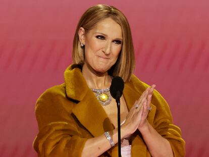 LOS ANGELES, CALIFORNIA - FEBRUARY 04: Celine Dion speaks onstage during the 66th GRAMMY Awards at Crypto.com Arena on February 04, 2024 in Los Angeles, California. (Photo by Kevin Winter/Getty Images for The Recording Academy)
