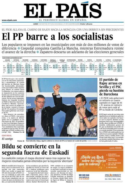 Portada del d&iacute;a despu&eacute;s de las elecciones europeas de mayo de 2011. El PP se impone al PSOE en uno de los peores momentos de la crisis econ&oacute;mica y pide la convocatoria de elecciones generales. Llegar&iacute;an seis meses despu&eacute;s.