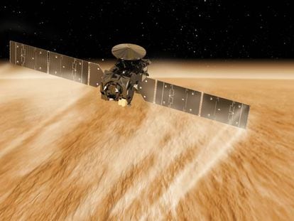 Recreación artística de la sonda ExoMars, frenando para colocarse en su órbita sobre Marte.