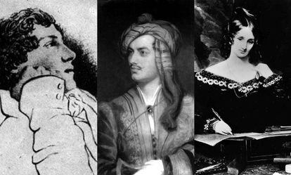 De izquierda a derecha, John Keats (retratado por Charles Brown en 1819), Lord Byron (pintado por Th. Phillips) y Mary Shelley.