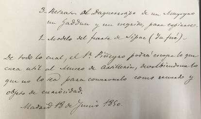 Una de las hojas de la carta que el conde de Manila envió en 1850 al Museo de Artillería, con la referencia a los daguerrotipos.