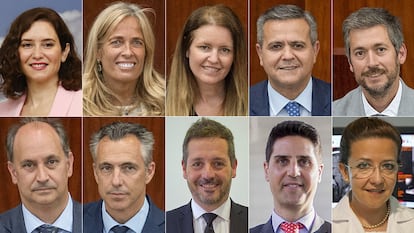Arriba, desde la izquierda: la presidenta electa de la Comunidad de Madrid, Isabel Díaz Ayuso, Rocío Albert, Ana Dávila, Jorge Rodrigo, y Miguel Ángel García. Abajo, desde la izquierda: Miguel López-Valverde Argüeso, Carlos Novillo, Mariano de Paco, Emilio Viciana y Fátima Matute.