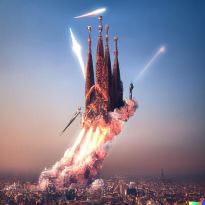 La Sagrada Familia, volando sobre cohetes, una imagen generada por DALL·E 2. 