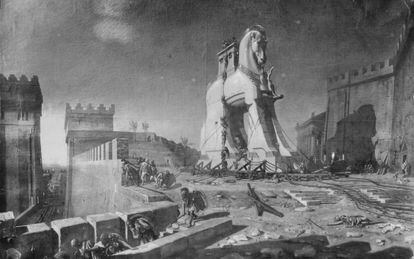 Representación artística del Caballo de Troya ya dentro de la ciudad, obra de Henri Paul Motte, 1874. 
