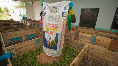 Proceso de producción del abono orgánico en el centro de compostaje de Maputo.